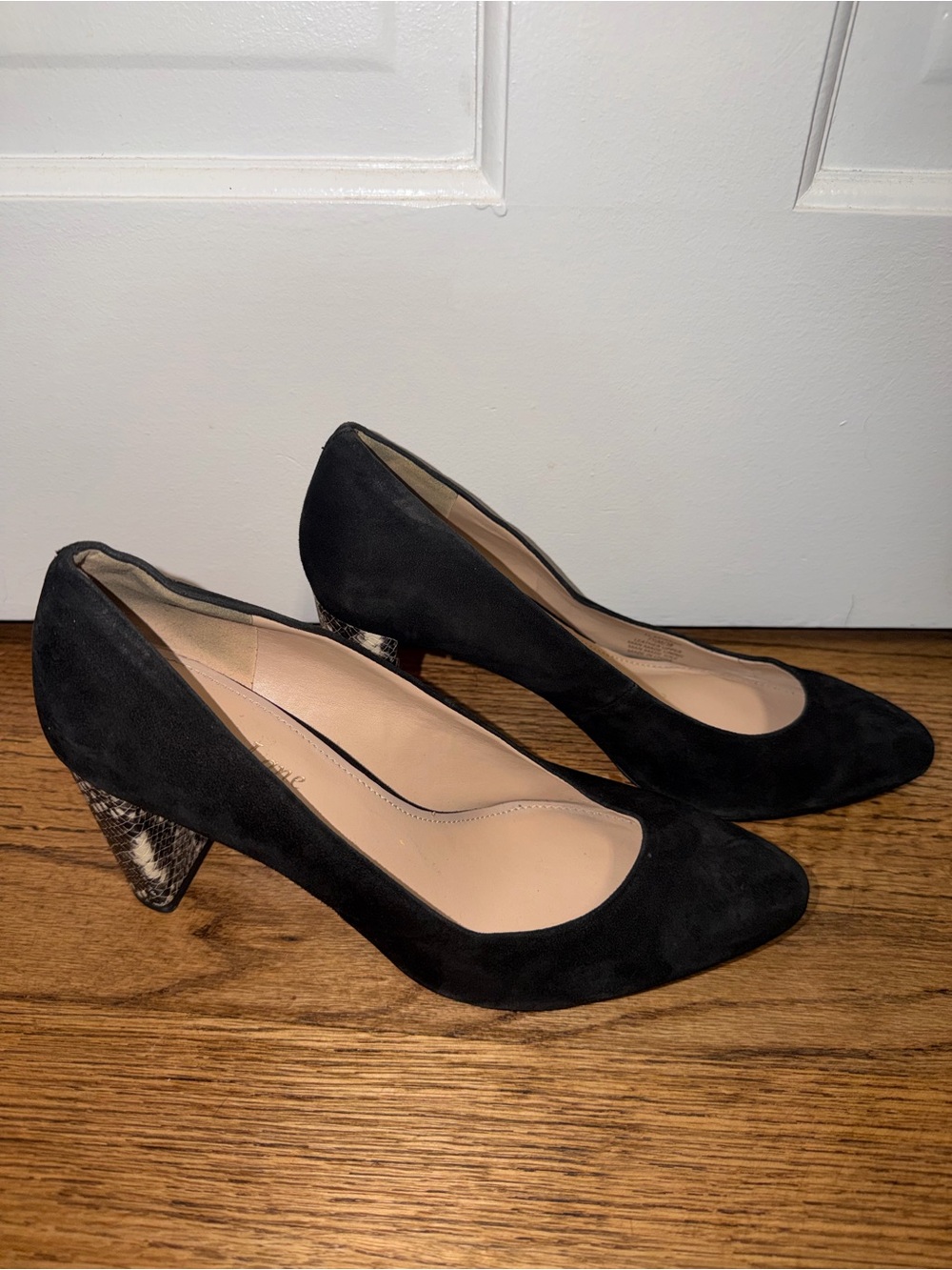 Black Suede Women’s Pumps with Snakeprint Block Heel